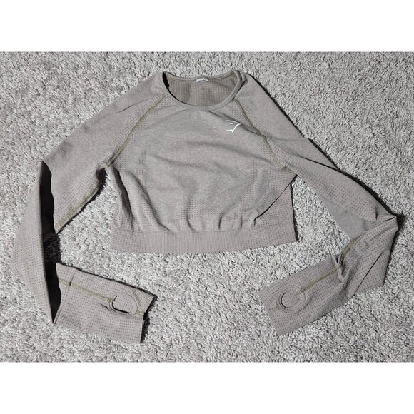 Gymshark Flex Sports Long Sleeve Crop Top Gray Tan - Picture 1 of 4